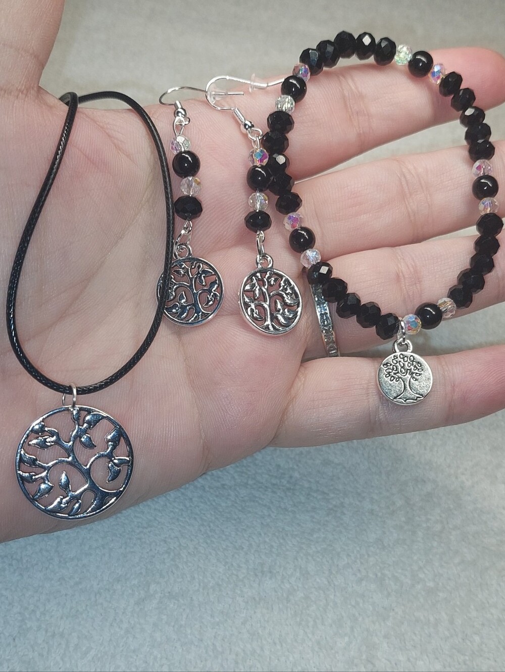 HandmadeSilver Tree of Life Pendant Necklace, Earrings & Black Bead Bracelet Set
